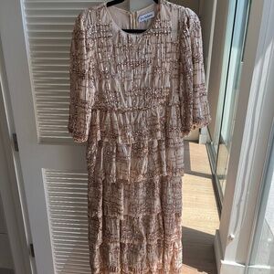 Copper lace and sequin ruffles long gown with 3/4 sleeves